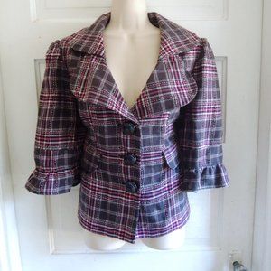 Mac & Jac Pink & Gray Plaid Ruffle Sleeve Fitted Jacket M